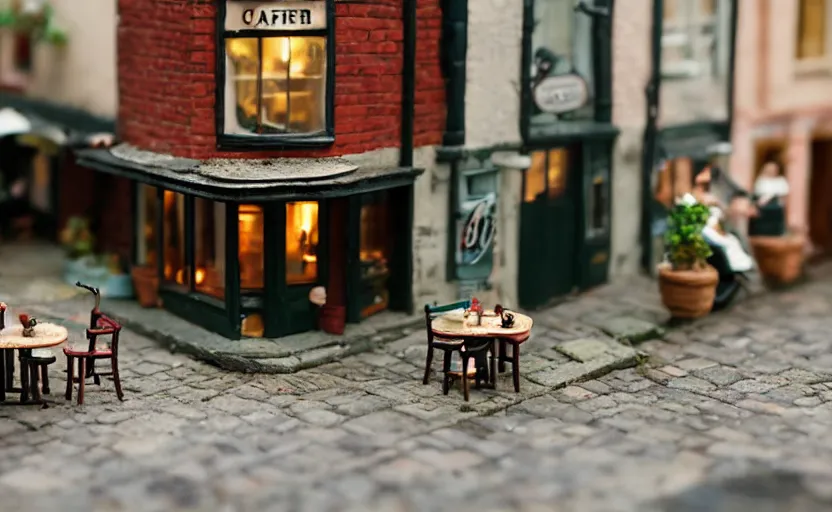 Image similar to miniature cafe dusk diorama macro photography, cafe for mice, alleyway, ambient, atmospheric, british, bokeh, romantic