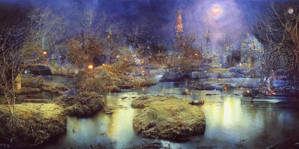 Image similar to a mystic river, the river is full of lights, mysticism, artwork, watercolor, cinematic, exposure, slit - scan photography, 4 k, ultra - hd, incandescent, ray tracing reflections, insanely detailed and intricate, elegant, ornate, hyper realistic, super detailed by dorothea tanning, by bruce pennington