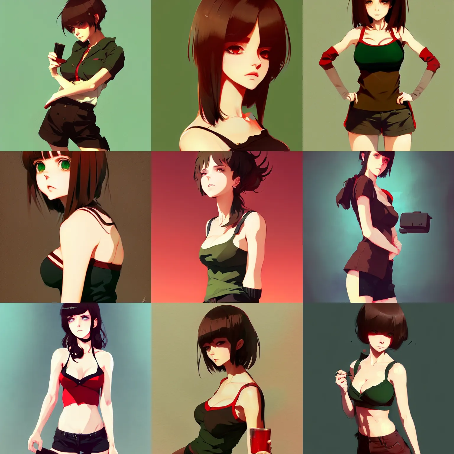 Prompt: perfect woman with brown hair and green eyes, wearing a camisole and shorts, red and black color palette, in the style of and ilya kuvshinov and greg rutkowski, high quality anime artstyle, intricate