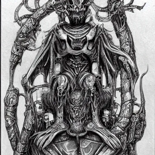 Image similar to pencil illustration. the god emperor on his golden throne. 4 0 k. body horror. in the style of giger.