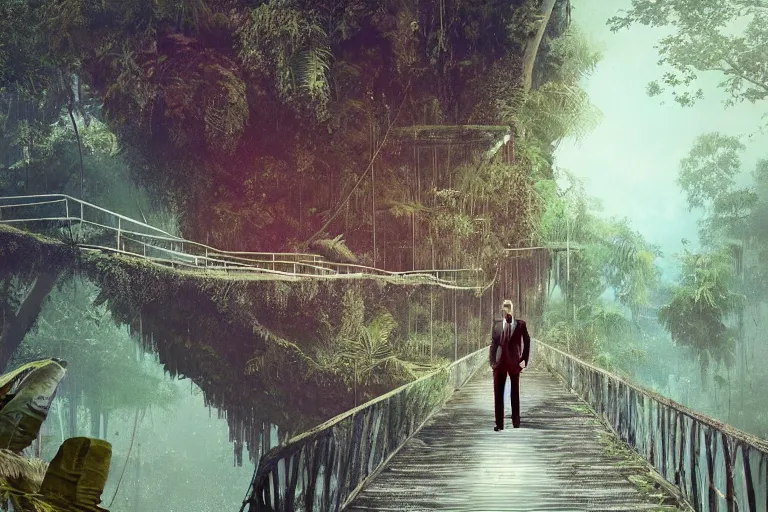 Prompt: a man in a suit walks on an old rusty bridge in a jungle, by greg rutkowski, by conrad roset, digital art, trending on artstation