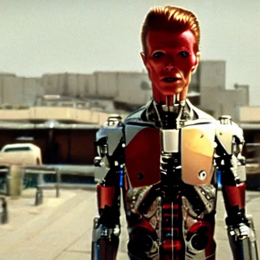 Prompt: movie still of cyborg david bowie, cinematic composition, cinematic light, criterion collection, by edgar wright