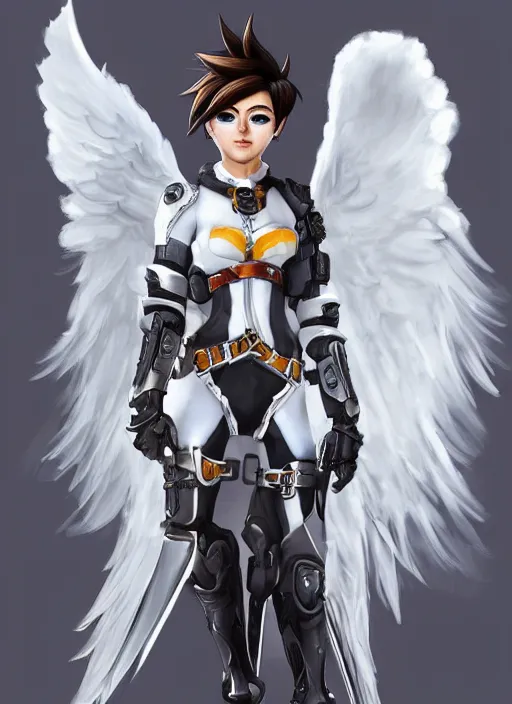 Prompt: full body artwork of tracer overwatch, wearing white steel armor outfit, in style of mark arian, angel wings, dramatic painting, wearing detailed leather collar, ornate highly detailed white shiny armor, chains, black harness, detailed face and eyes,