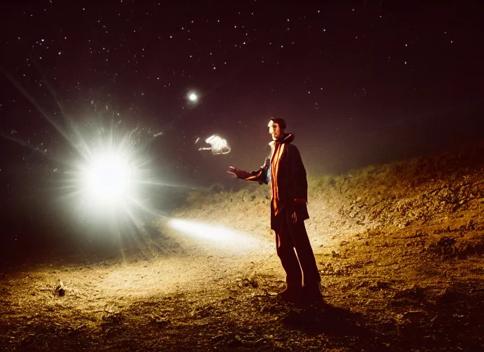 Image similar to a very good looking detailed sorcerer summons a blast of magic energy from their hand, on an empty moonlit hill, dramatic lighting, lens flare, 3 5 mm full frame professional photography, kodak ektar