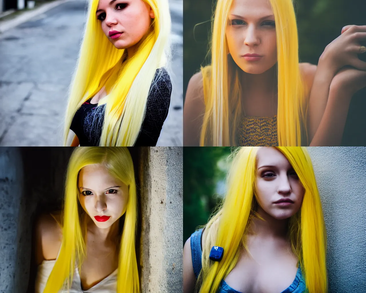 Prompt: girl with long yellow hair wearing a crop top on a night sreet, portrait, dslr 3 5 mm, beautiful face