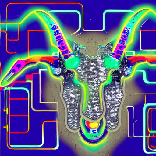 Image similar to cybernetic evil goat head merged with complex circuitry and machinery, multicolored