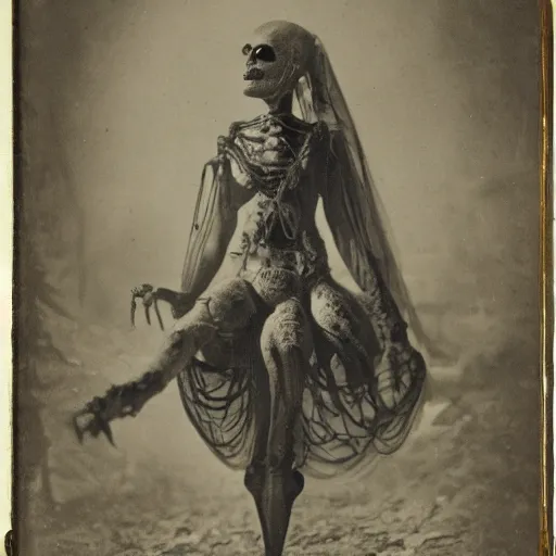 Image similar to 1860 photo of an old freak show spider-woman, on the middle of a forest, spooky , veins, arteries, intricate, golden ratio, full frame, elegant, highly detailed, ornate, ornament, sculpture, elegant , luxury, beautifully lit, ray trace, 3d, PBR