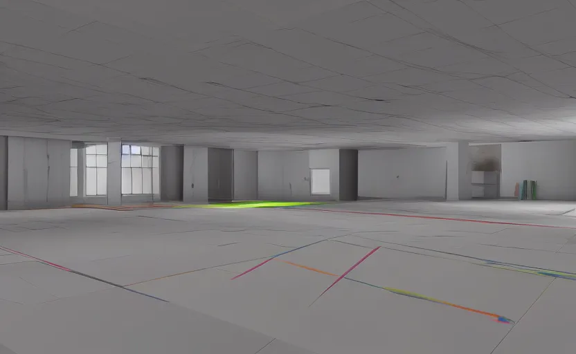 Image similar to empty room, big open floor, large random with colourful 3 d objects, unreal engine and v - ray render.