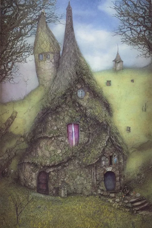 Image similar to beautiful matte painting of a cottage on a hill whimsical by brian froud and bridget bate tichenor