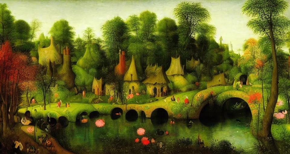 Image similar to a beautiful fairyland with a pond, ambient lighting, fantasy art, pieter brueghel, martin johnson heade style art