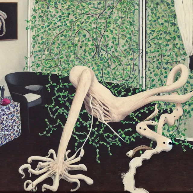 Prompt: a queer female pathology student in her apartment, wrapped in vines, medical equipment, stepping stones, octopus, bones, black walls, ikebana, black armchair, sculpture, acrylic on canvas, surrealist, by magritte and monet