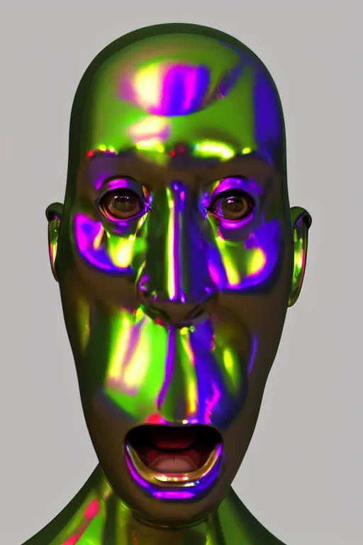 Image similar to 3d render of holographic angry human robotic screaming angry bust made of glossy iridescent, screaming, bust, surrealistic 3d illustration of a human non-binary, non binary model, 3d model human, cryengine, made of holographic texture, holographic material, holographic rainbow, concept of cyborg and artificial intelligence