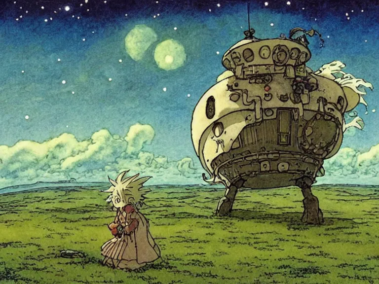 Image similar to cell shaded studio ghibli movie still fantasy concept art of a ufo from howl's moving castle sitting on stonehenge like a stool. it is a misty starry night. by rebecca guay, michael kaluta, charles vess