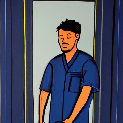 Image similar to lonely male nurse in dark blue scrubs, painting, dark colors, contrast, dark background