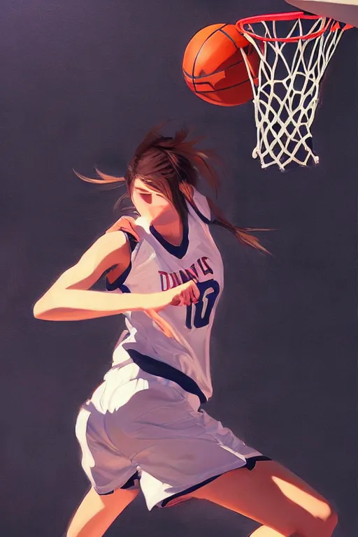 Image similar to A ultradetailed beautiful panting of a stylish girl dunking a basketball, Oil painting, by Ilya Kuvshinov, Greg Rutkowski and Makoto Shinkai