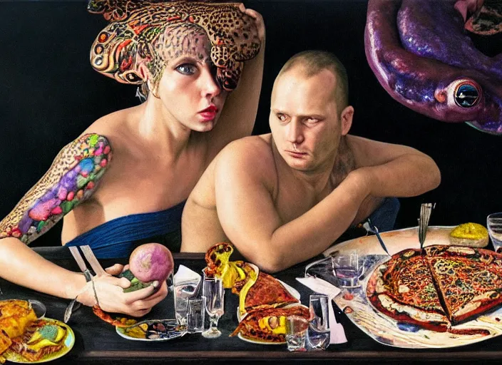 Prompt: hyper realistic detailed painting of a heavy tattooed frog couple in baroque clothes in mid 70s italian restaurant eating pepperoni pizza with roasted rainbow and drinking black sparkling milk by Andrei Tarkovsky, Adrian Ghenie, Storm Thorgerson, and Beeple, semi naive, pastel colors, Hilma af Klint color palette, cinematic, very coherent symmetrical artwork, cinematic, hyper realism, high detail, 8k, last supper composition. Beksinski painting, part by Adrian Ghenie and Greg Hildebrandt. art by Neo Rauch. masterpiece