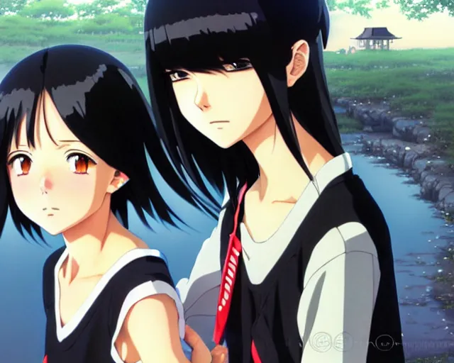 Image similar to beautiful anime girl with long black hair and bangs, beautiful anime guy with black hair, wearing black clothes, siblings, fine details portrait, japense village in background, bokeh. anime masterpiece by Studio Ghibli. illustration, sharp high-quality anime illustration in style of Ghibli, Ilya Kuvshinov, Artgerm