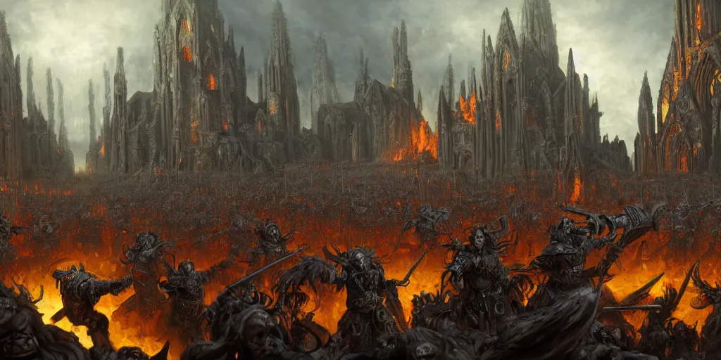 Prompt: highly detailed portrait painting of an ancient elves on hell horses war battle, abbey warhammer battle, old abbey in the background, carhedrals, giant columns, by eddie mendoza and tyler edlin, 8 k resolution