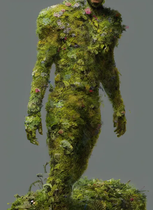 Image similar to a man made of moss and flowers, full body view, beautiful high quality realistic fantasy art, trending on artstation by artgerm and greg rutkowski and alphonse mucha