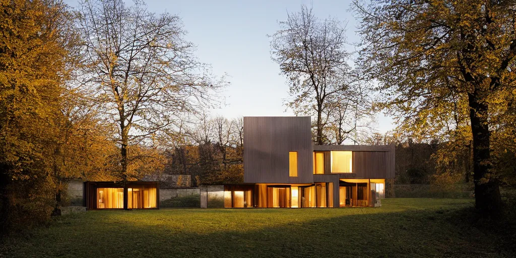 Image similar to a house by the river rhein close to mumpf designed by peter zumthor, beautiful ambient light, golden hour