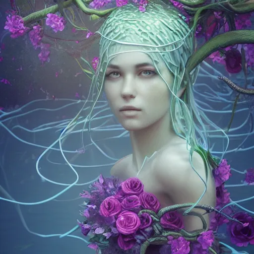 Image similar to ultra realistic 3 d render of a nature goddess made of vines and flowers rising out of the water by charlie bowater, beautiful, bioluminescent, ethereal, mist