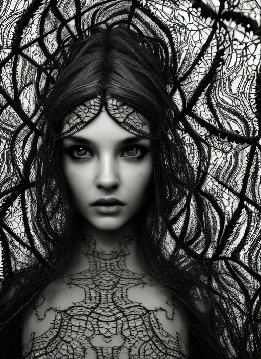 Image similar to surreal mythical dreamy dark artistic black and white fine art photo of a beautiful young female medusa - cyborg covered with lace fish scales and translucent algae, highly detailed, intricate crystal ivy jelly fish scales ornate, lace web, poetic, octane render, 8 k, photo - realistic