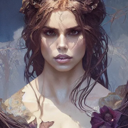 Image similar to kara del toro as a witch, gorgeous, leather, smooth, intricate, highly detailed, digital painting, artstation, concept art, sharp focus, illustration, art by greg rutkowski and alphonse mucha and even amundsen