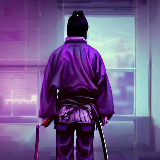 Image similar to realistic detailed portrait of a lone samurai with prosthetic hands, a purple blindfold and a high-tech katana behind his back, clothing in dark deep colors, cyberpunk style, rainy weather and evening, neon lights, 4K, masterpiece