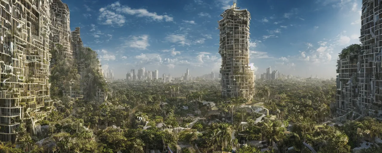 Image similar to contemporary golden babylon tower, sacred ancient architecture, hanging gardens, cascading highrise, arid mountains with lush palm forest, sunlight, post - production, octane, cgi, sfx