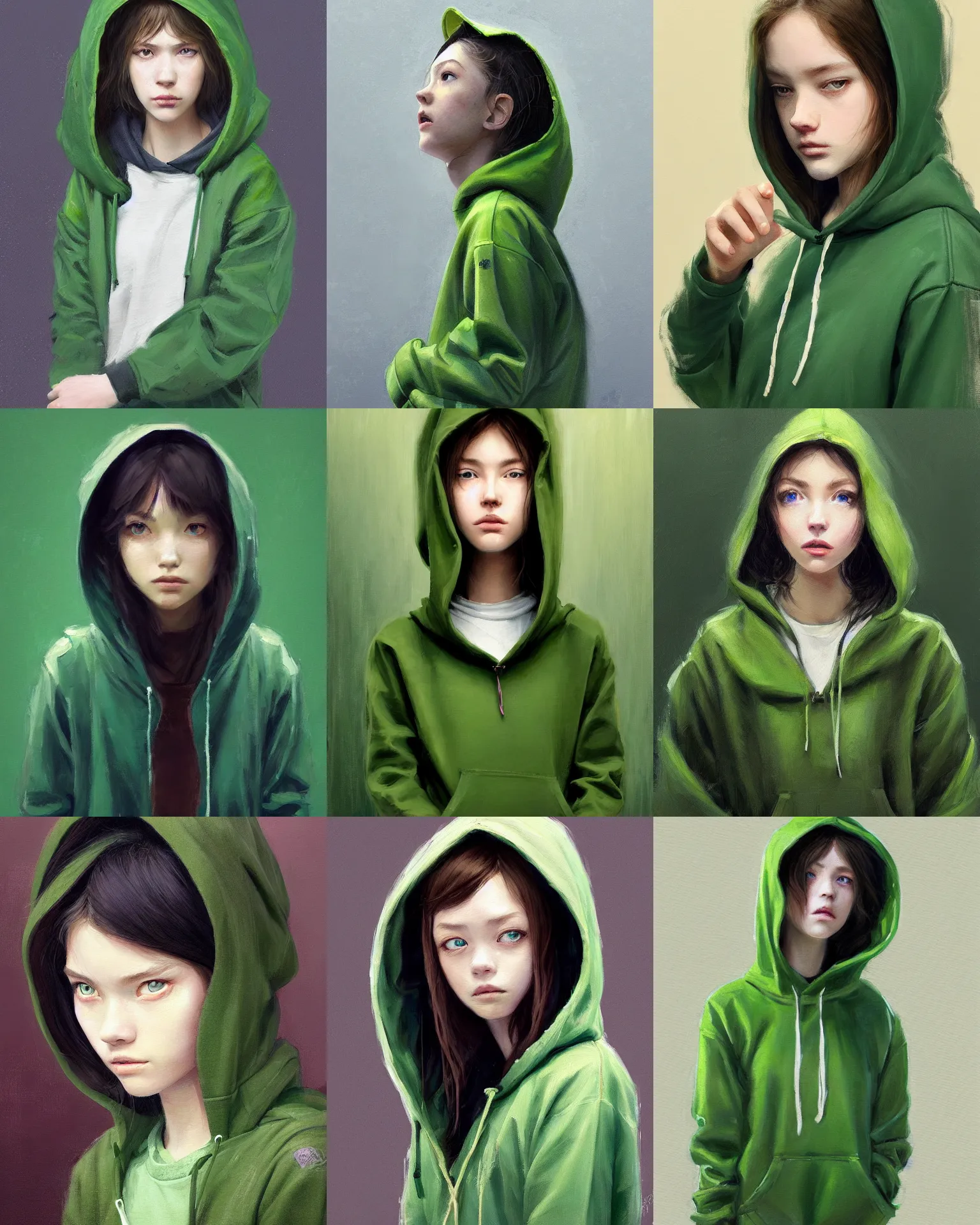 Prompt: a painting of a fully dressed girl wearing a hoodie upper body with beautiful green eyes, highly detailed, digital painting, artstation, sharp focus, dreamy illustration, art by katsuhiro otomo ghost - in - the - shell, artgerm, jeremy lipkin and giuseppe dangelico pino and michael garmash and rob rey