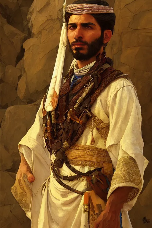 Image similar to A full portrait of an ancient arabian scout, intricate, elegant, highly detailed, digital painting, artstation, concept art, smooth, sharp focus, illustration, art by Krenz Cushart and Artem Demura and alphonse mucha