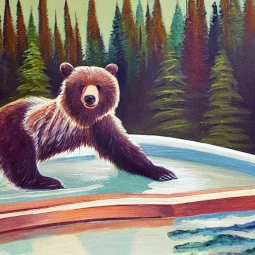 Image similar to grizzly bear cub chilling in a hot tub, calming, nature, painting, bob ross.