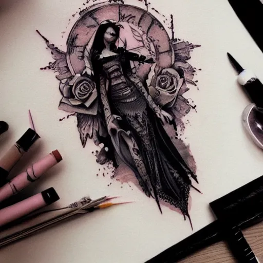 Image similar to female tattoo artist in gothic tattoo studio, greg rutkowski