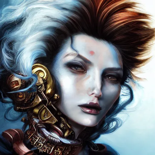 Image similar to portrait, headshot, insanely nice professional hair style, dramatic hair color, digital painting, of a old 17th century, old cyborg merchant, amber jewels, baroque, ornate clothing, scifi, realistic, hyperdetailed, chiaroscuro, concept art, art by Franz Hals and Jon Foster and Ayami Kojima and Amano and Karol Bak,