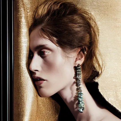 Image similar to stunning close up portrait of a woman from a fashion model with large prada dress in parisian luxury studio decorated, official prada editorial, by Hendrik Kerstens, highly detailed