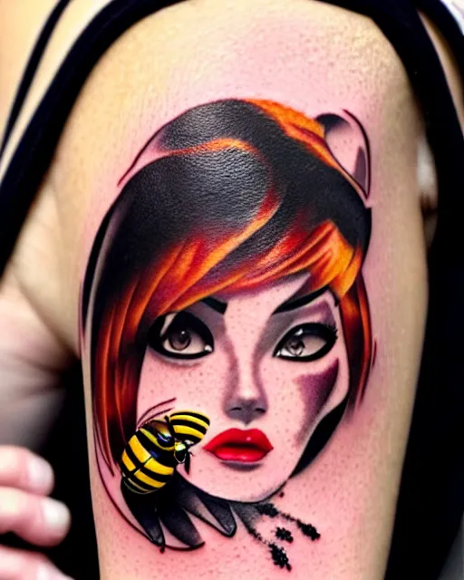 Image similar to a tattoo of bee movie on the face of a woman with crimson - black hair, cute crimson - black bee - themed outfit, cinematic lighting, beautiful composition