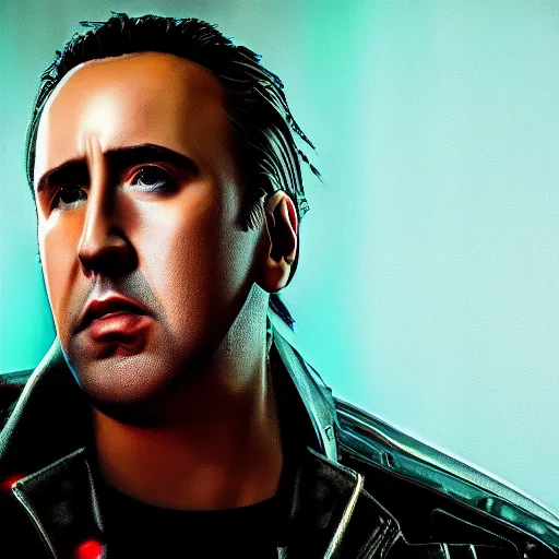 Prompt: young nicolas cage portrait, cyberpunk 2 0 7 7, cyberpunk jackie welles, photorealistic, ultra detailed, neon, octane, bokeh, cinematic lighting, cyber, cyberpunk city, studio quality, feature, scars, cyberface, 8 k