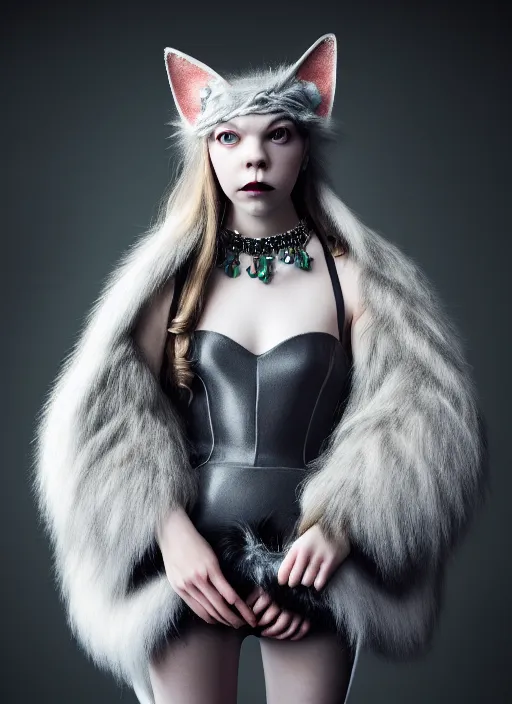 Image similar to full body environmental portrait photo of dressed anya taylor - joy as catgirl, headpiece made from fur, glamour shot by gemmy woud - binnendijk, chris knight, photorealistic, canon r 3, fashion photography, elegant, luxury and elite, symmetry, octane render, unreal engine, solid dark grey background, dramatic lights, high fashion journal cover