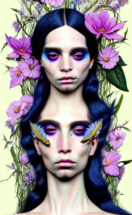 Image similar to the non-binary deity of Spring, 1 figure only, looks a blend of Grimes, Lana Del Rey, Aurora Aksnes, and Zoë Kravitz, it is made entirely out of flora and fauna, in a style combining Botticelli, Möbius and Æon Flux, surrealism, stunningly detailed artwork, hyper photorealistic 4K, stunning gradient colors, very fine inking lines