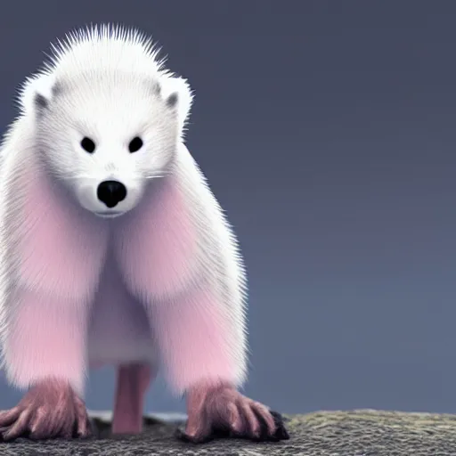 Prompt: white mink with pink bacterial necklace , unreal engine, starring at camera, matte background, high symmetry, 8k