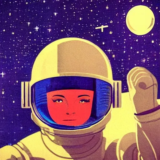 Prompt: “astronaut in-front of a futuristic glass city, reflection of female silhouette on glass helmet, under stars and moon, art deco, 1950’s, glowing highlights, retro palette, no details, modern”