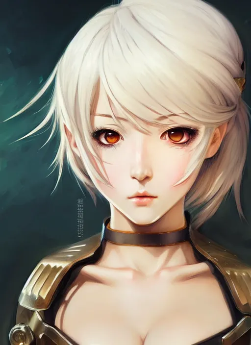 Prompt: portrait Anime girl in bikini armor, cute-fine-face, white-hair pretty face, realistic shaded Perfect face, fine details. Anime. realistic shaded lighting by Ilya Kuvshinov and ((((Gustav Klimt))))
