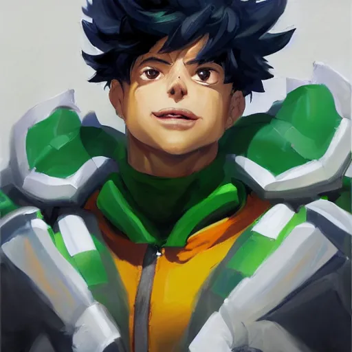 Image similar to greg manchess portrait painting of izuku midoriya as overwatch character, medium shot, asymmetrical, profile picture, organic painting, sunny day, matte painting, bold shapes, hard edges, street art, trending on artstation, by huang guangjian and gil elvgren and sachin teng