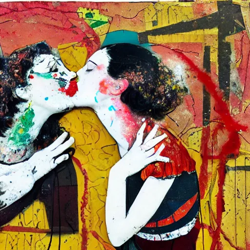 Image similar to two women kissing at a carnival in spain, mixed media collage, retro, paper collage, magazine collage, acrylic paint splatters, bauhaus, claymation, layered paper art, sapphic visual poetry expressing the utmost of desires by jackson pollock