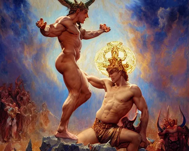Image similar to attractive male deity, casting demonic magic, summoning ( muscular ) lucifer morning star, as they battle over the earthly realm, highly detailed painting by gaston bussiere, craig mullins, j. c. leyendecker, tom of finland