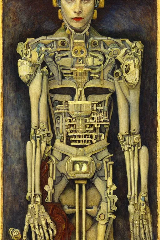 Image similar to the robot wearing her bone crown stands by the window , by Annie Swynnerton and Diego Rivera and Elihu Vedder, symbolist, dramatic lighting, elaborate geometric ornament, Art Brut, soft blues and greens,smooth, sharp focus, extremely detailed, Adolf Wölfli and Evelyn De Morgan