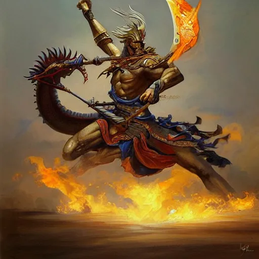 Prompt: A beautiful oil painting of Nezha with two fire wheels and a spear, fighting a Chinese dragon, by Boris Vallejo, epic fantasy character art, high fantasy, Exquisite detail, post-processing, low angle, masterpiece, cinematic