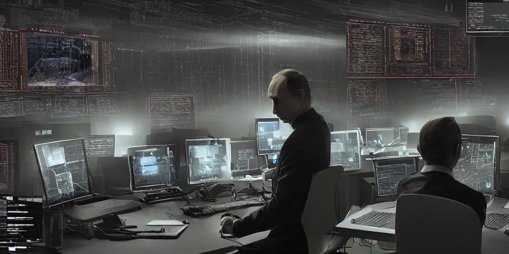 Prompt: vladimir putin hacking into the mainframe, multiple screens and monitors, dark atmosphere, creepy, very detailed, realistic photography