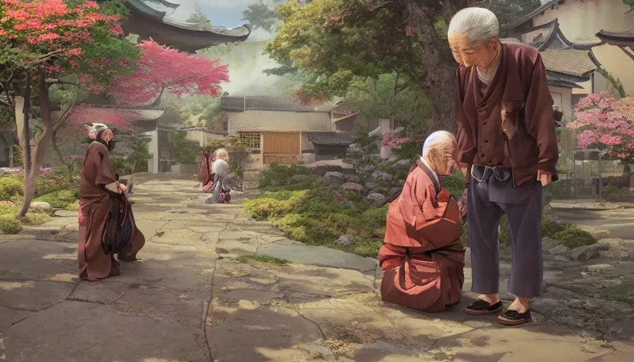 Image similar to old japanese man giving flower to his wife, sunny day, japanese village, mange style, hyperdetailed, artstation, cgsociety, 8 k