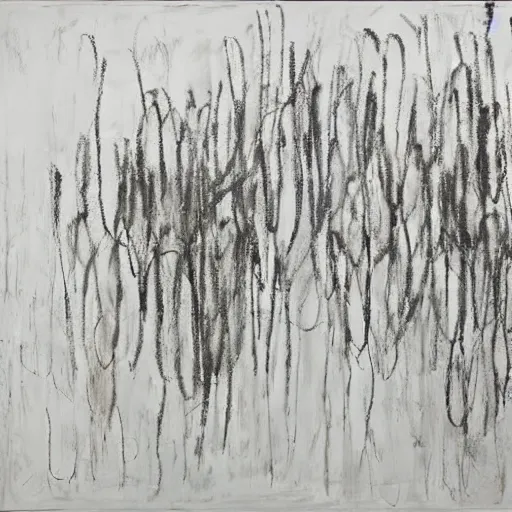 Prompt: large scale painting by cy twombly, guggenheim exhibition, white wall